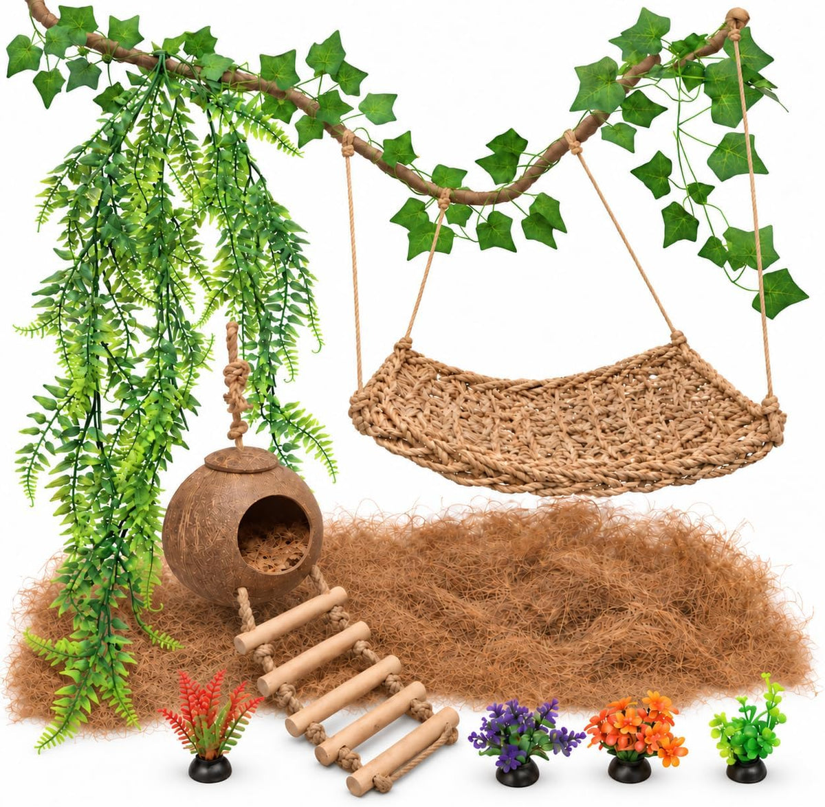 10PCS Crested Gecko Tank Accessories, Reptile Plants Bridge Vines, Coconut Shell with Ladder for Lizard, Chameleon Cage, Snakes, Hermit Crab, Leopard Gecko Tank Accessories, Terrarium Decor