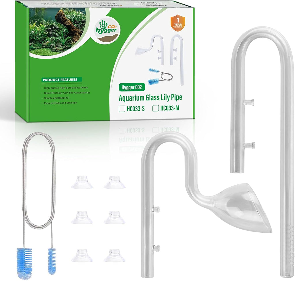 17mm Aquarium Glass Lily Pipe with Inflow, Outflow and Brush & 6 Suction Cups for 5/8" ID (16/22mm) Tubing