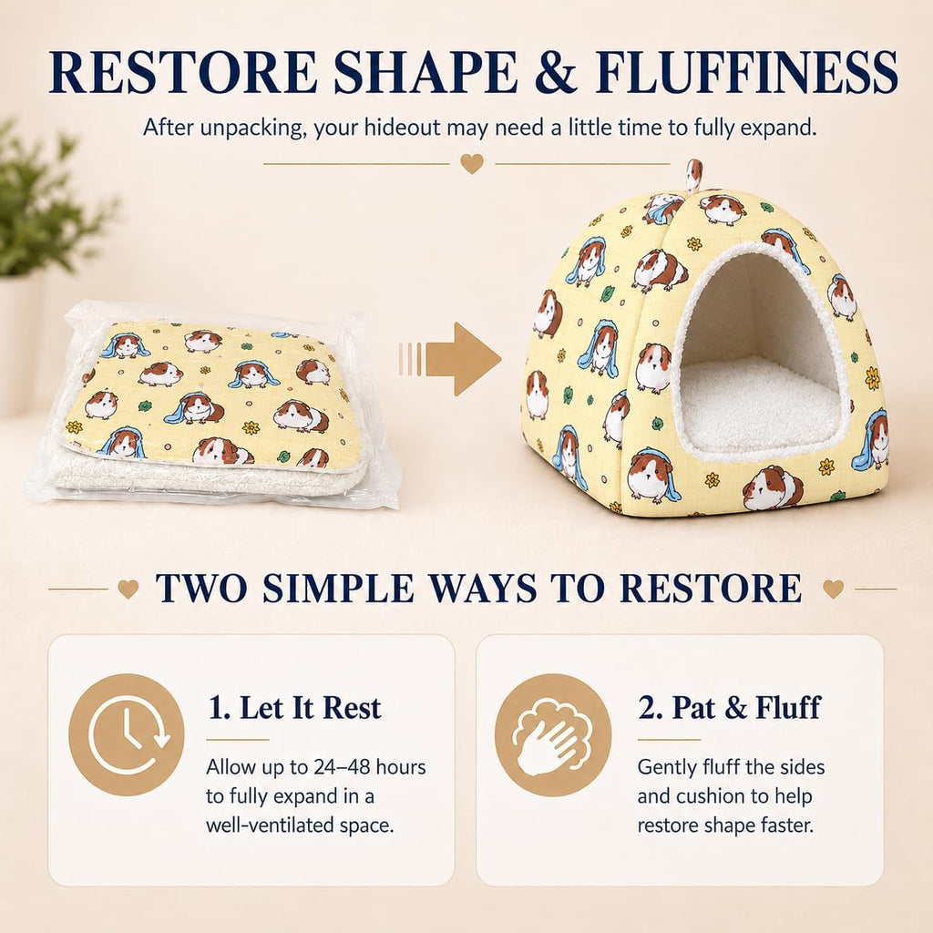 Guinea Pig Hideout Bed 11.8-Inch Cube - Cozy Small Animal House for Guinea Pigs, Chew-Proof Hideaway with Ventilation (Yellow, Adorable Guinea Pig Print)