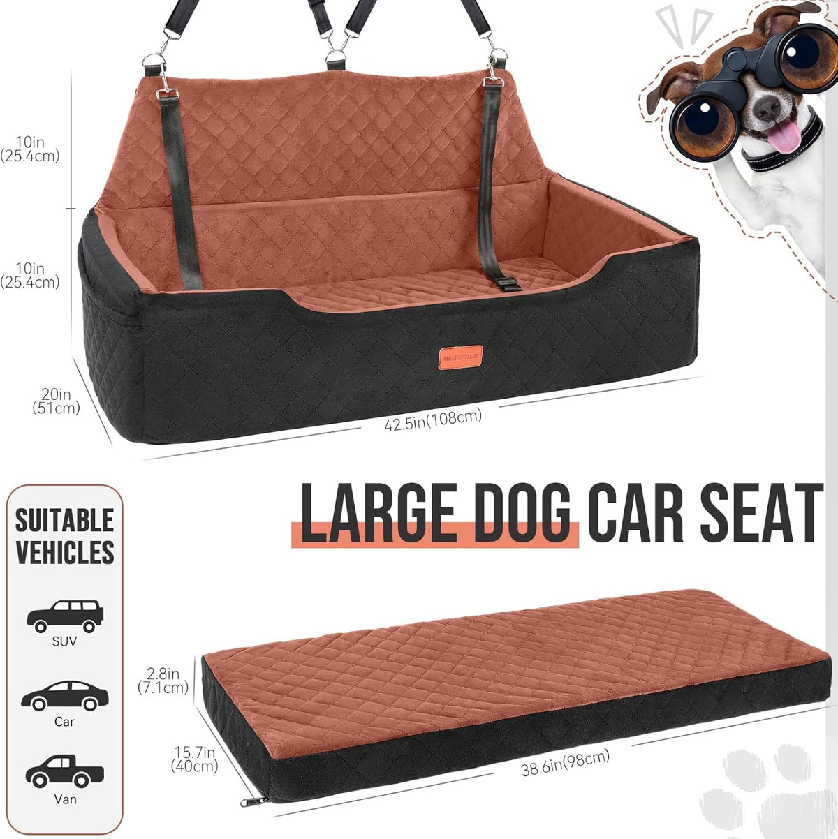 HEGGCOOE Large Dog Car Seat Under 100 lbs, Washable Dog Car Bed for 2 Medium Dogs, Detachable Pet Booster Seat with Storage Pocket and Seat Belt for Back Seat Dog Travel Bed