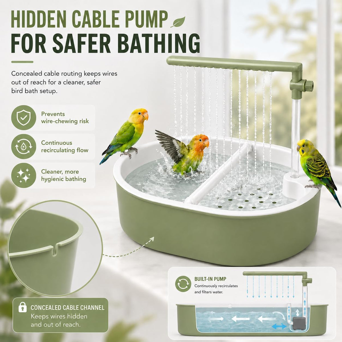 Bird Bath for Cage, Automatic Parakeet Bird Shower Fountain with 4 Natural Rattan Balls, Waterproof Mat, Adjustable Valve, Hidden Cable Pump, Dual Perch, Indoor Parrot Bathing Set, Light Green