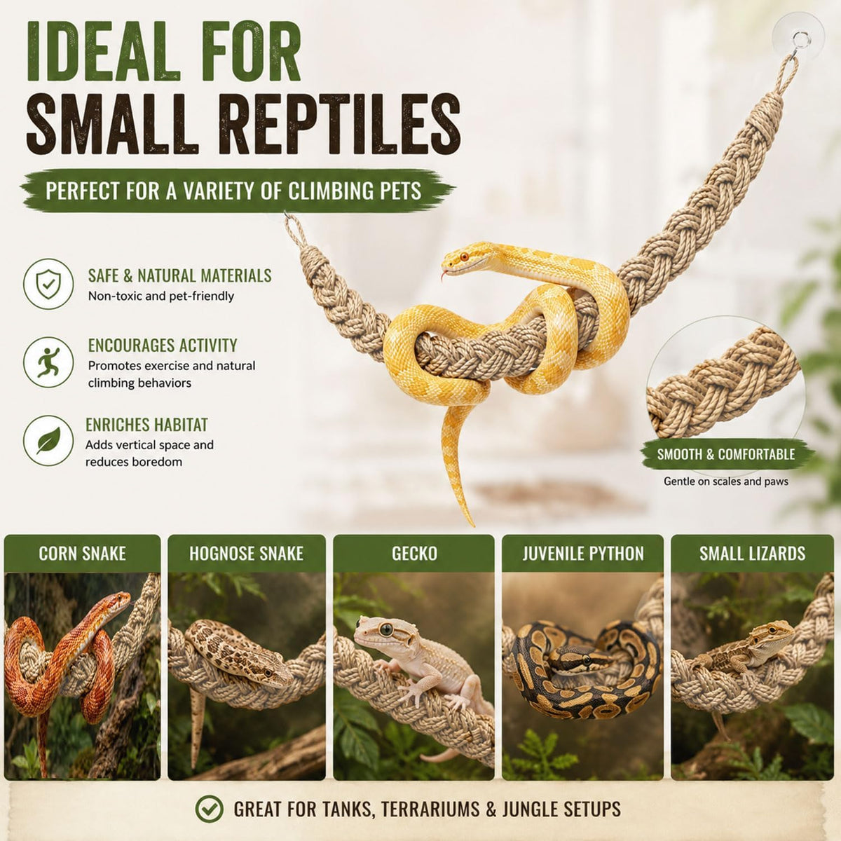 Ball Python Tank Accessories Snake Climbing Rope with Suction Cups & Hooks