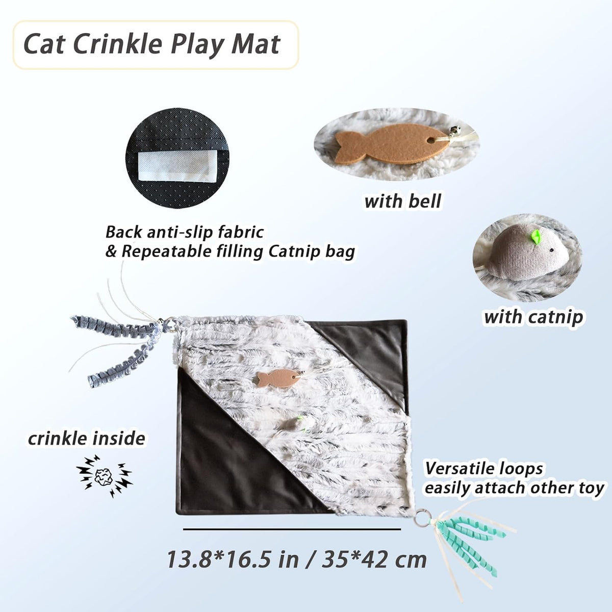 Cat Crinkle Mat with Mouse Toy,14x16" Interactive Cats Play Mat with Catnip