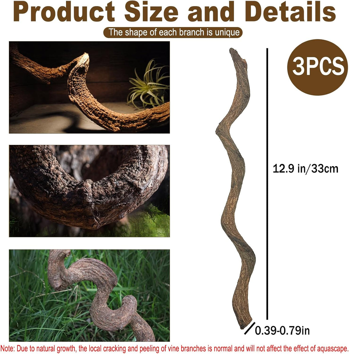 Reptile Decor 3PCS Natural Forest Branch Terrarium Habitat Decoration Lizard Climbing Tree Branch for Bearded Dragon Gecko Snake Frog Chameleon Spider