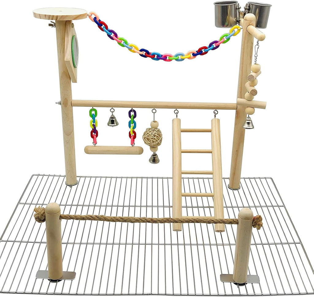 Bird Playground Top Cage, Parrot Gym Hanging Chewing Toys, Cage Top Play Stand for Conure, Parakeets, Budgie, Cockatiels, Lovebirds, Wood Perch Toys
