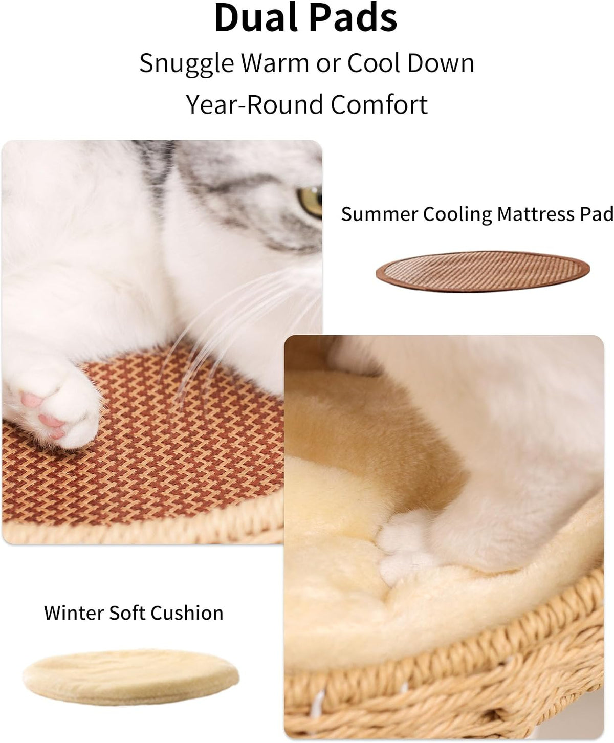 Wood Cat Tree for Large Cat, 63-Inch Tall Cat Tower with Scratching Post for Indoor Cats, Multi-Level Cat Condo with Hand-Woven Cat Bed and Acrylic Bowl Easy to Clean (White 81007s)