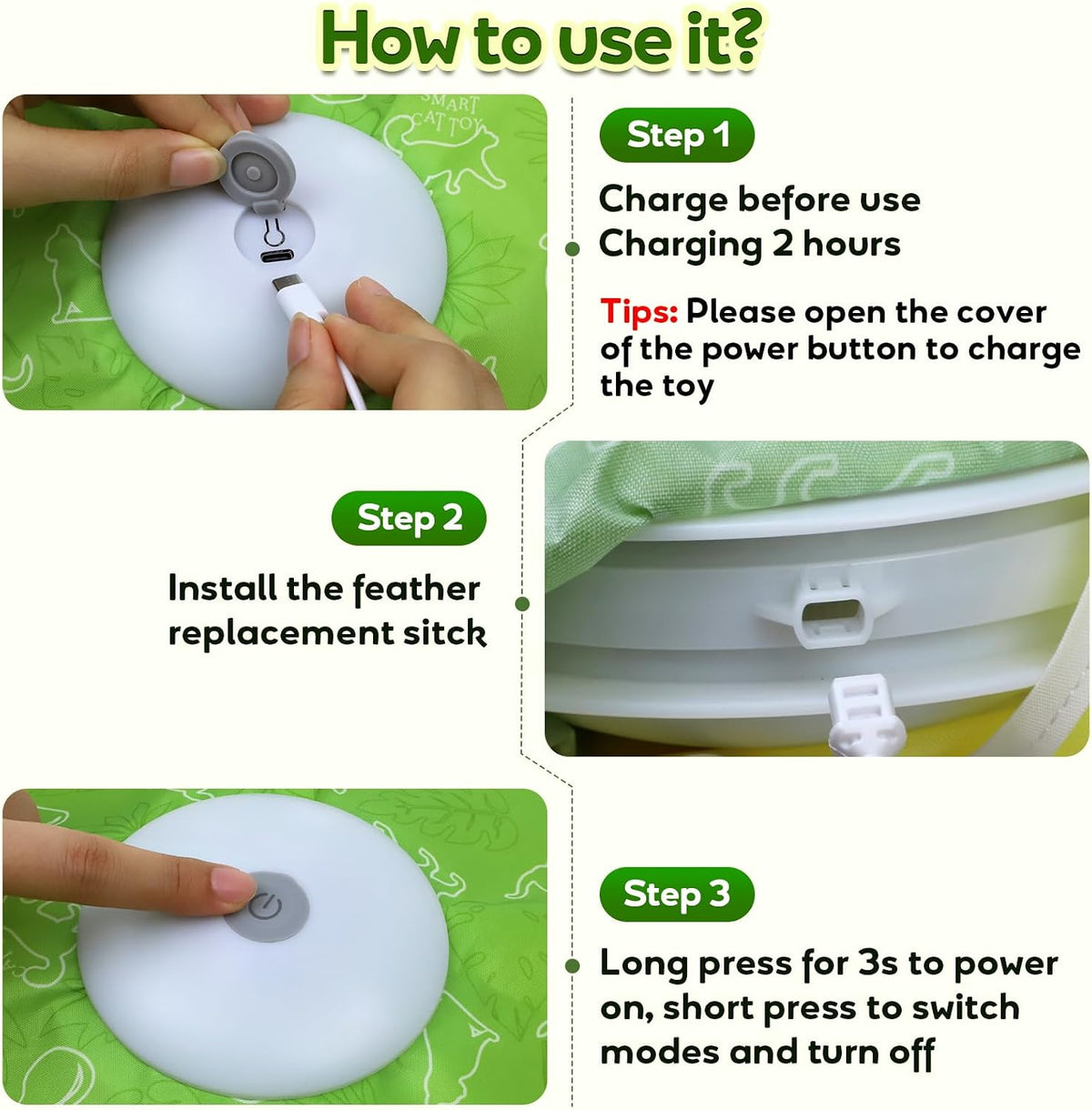 Saolife Interactive Cat Toys with Moving Feather Concealed in Mat, Rechargeable Cat Exercise Toys for Bored Cats with Motion Activated, Mouse Squeaky (Green)