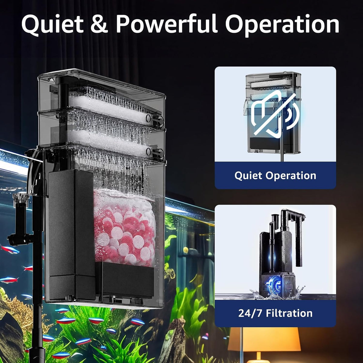 Veehoo Hang on Back Aquarium Filter Double Dry-Wet Filtration, up to 50Gal