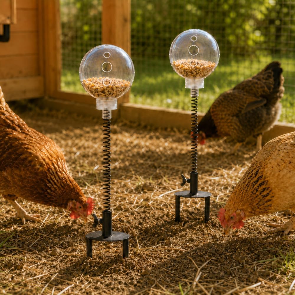 Chicken Treat Dispenser Toy 2 Pack, Spring-Action Treat Balls with Screw-Secured Ground Stakes, Slow Feeder Pecking Enrichment Toys for Hens, Backyard Chickens and Poultry