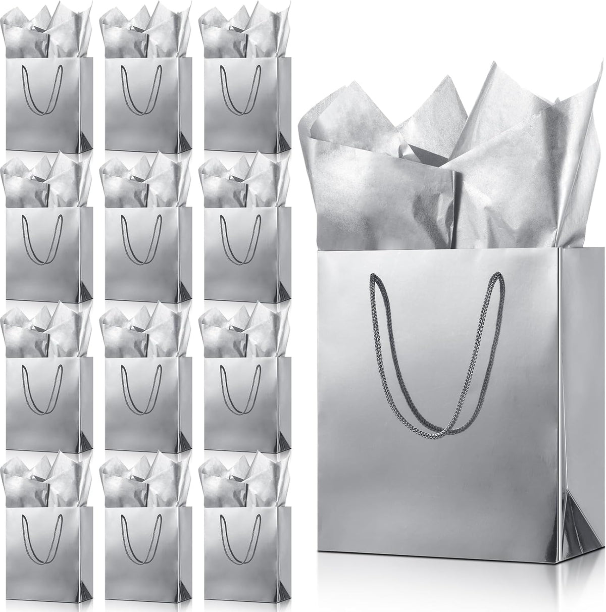 12 Pack Silver Metallic Gift Bags with Tissue Paper and Rope Handles
