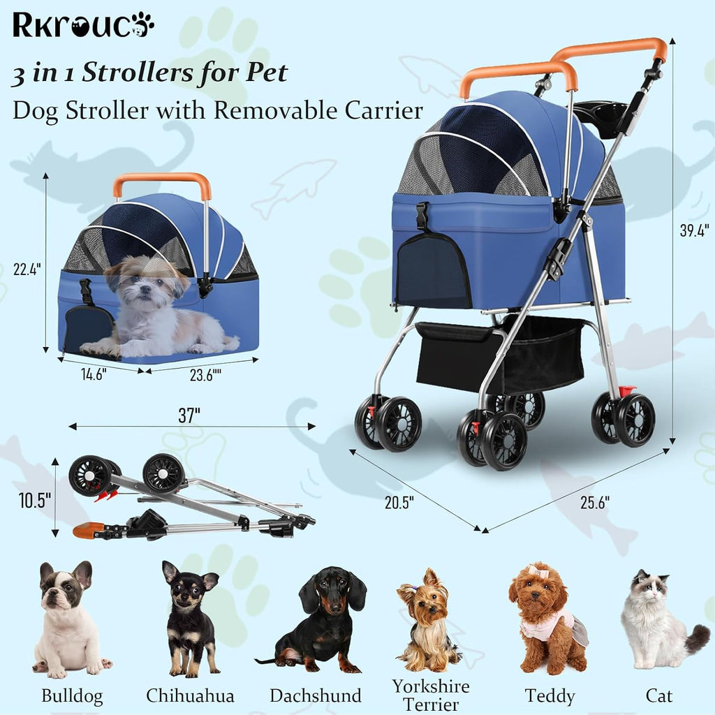 3 in 1 Pet Stroller for Dogs Cats Foldable Jogger with Detachable Carrier