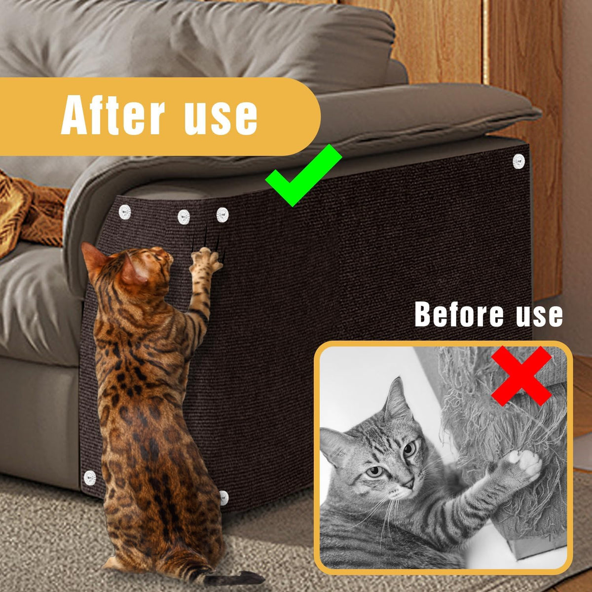 Cat Scratch Mat, 3PCS 39.4"x11.9" DIY Trimmable Self-Adhesive Cats Scratching Mat, Couch Protector from Cats Claw, Cat Scratch Furniture Protector Or Couch Protector (Brown)