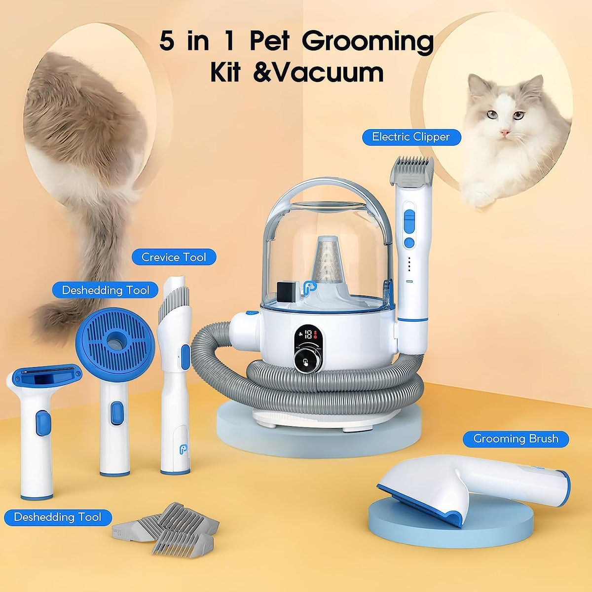 Grooming Kit, 5 in-1 Pet Grooming Vacuum Suction 99% Pet Hair for Dogs Cats, 2L Large Capacity Dust Cup, Low Noise Dog Hair Vacuum for Shedding