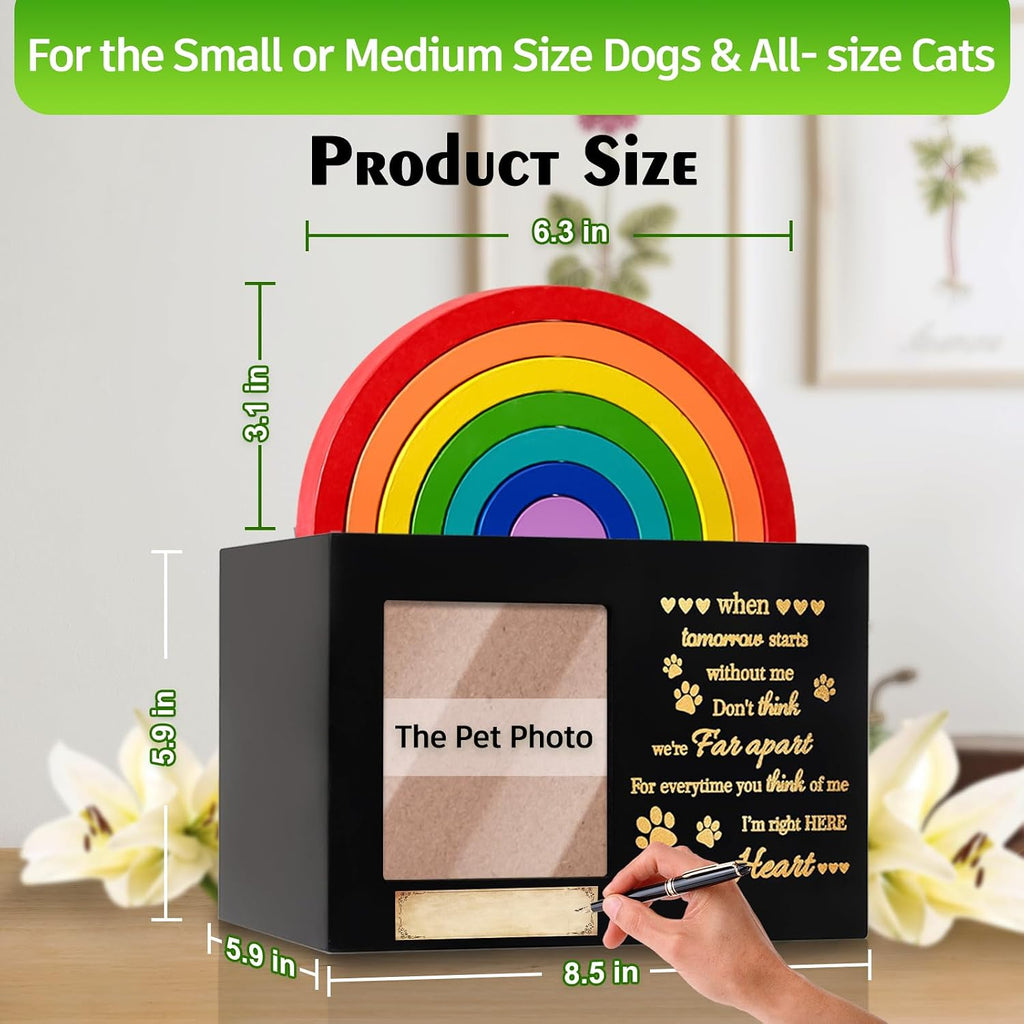 Wooden Rainbow Bridge Keepsakes Pet Urns, Handcrafted Dog/Cat Pet Urn, A Memorial Solemn Set, Pet Ashes Box with Photo Frame, Poem, Personalized Name Tag, ,Flannel Bag ,Pet Sympathy Remembrance Gift