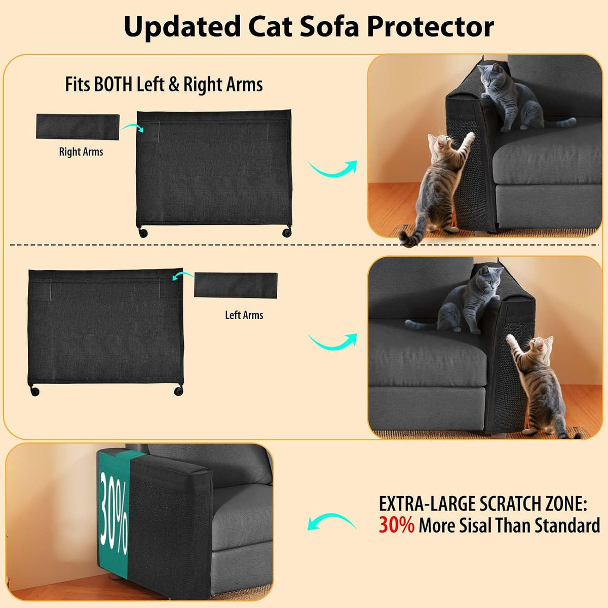 Couch Protector from Cat Claws - Cat Scratch Sofa Protector Universal Fit on Both Arm Sides with Black Sisal Pad for Leather and Fabric Sofa,27.5 * 19.7 inch Expanded Coverage Sisal Area(Black)
