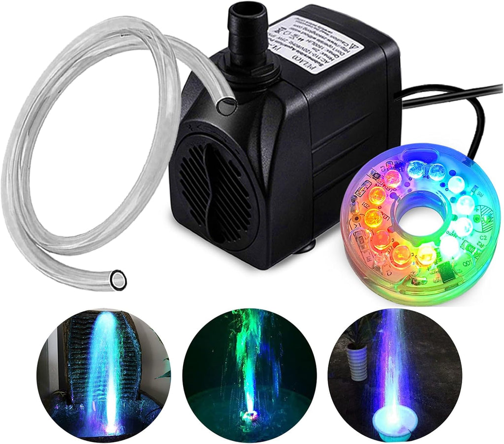 PULACO 160GPH Small Fountain Pump, 10Watt Submersible Pump with Automatic Color Changing LED Light and 3.3 ft Tubing for Water Feature, Outdoor Pond, Aquarium fish tanks