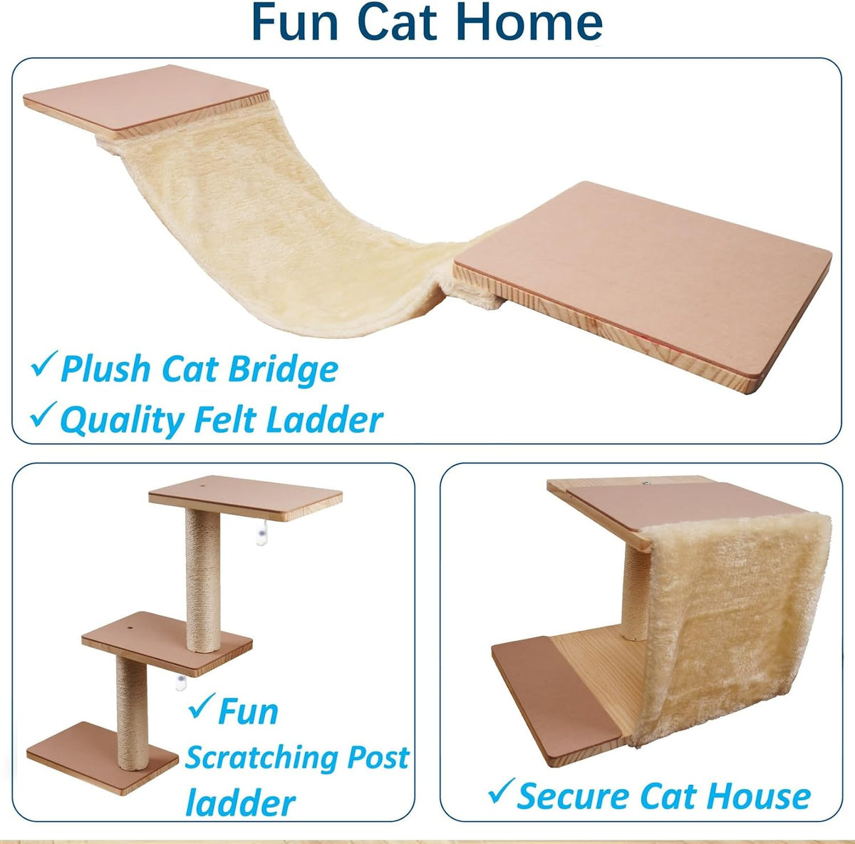 Cat Shelves for Wall, Solid Wood Cat Wall Furniture, with Cat's House, Bed, Hammock, Sisal Scratching Post Ladder (Beige)