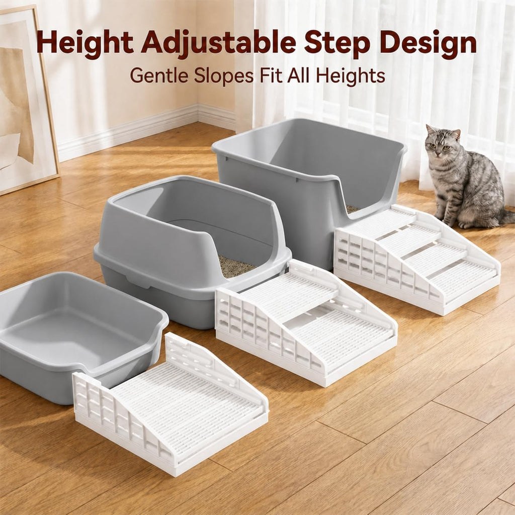 Litter Box Step for Senior Cats, Height Adjustable Cat Stairs, White