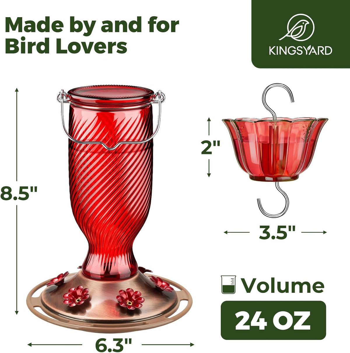 Kingsyard 24 Oz Glass Hummingbird Feeder for Outdoors