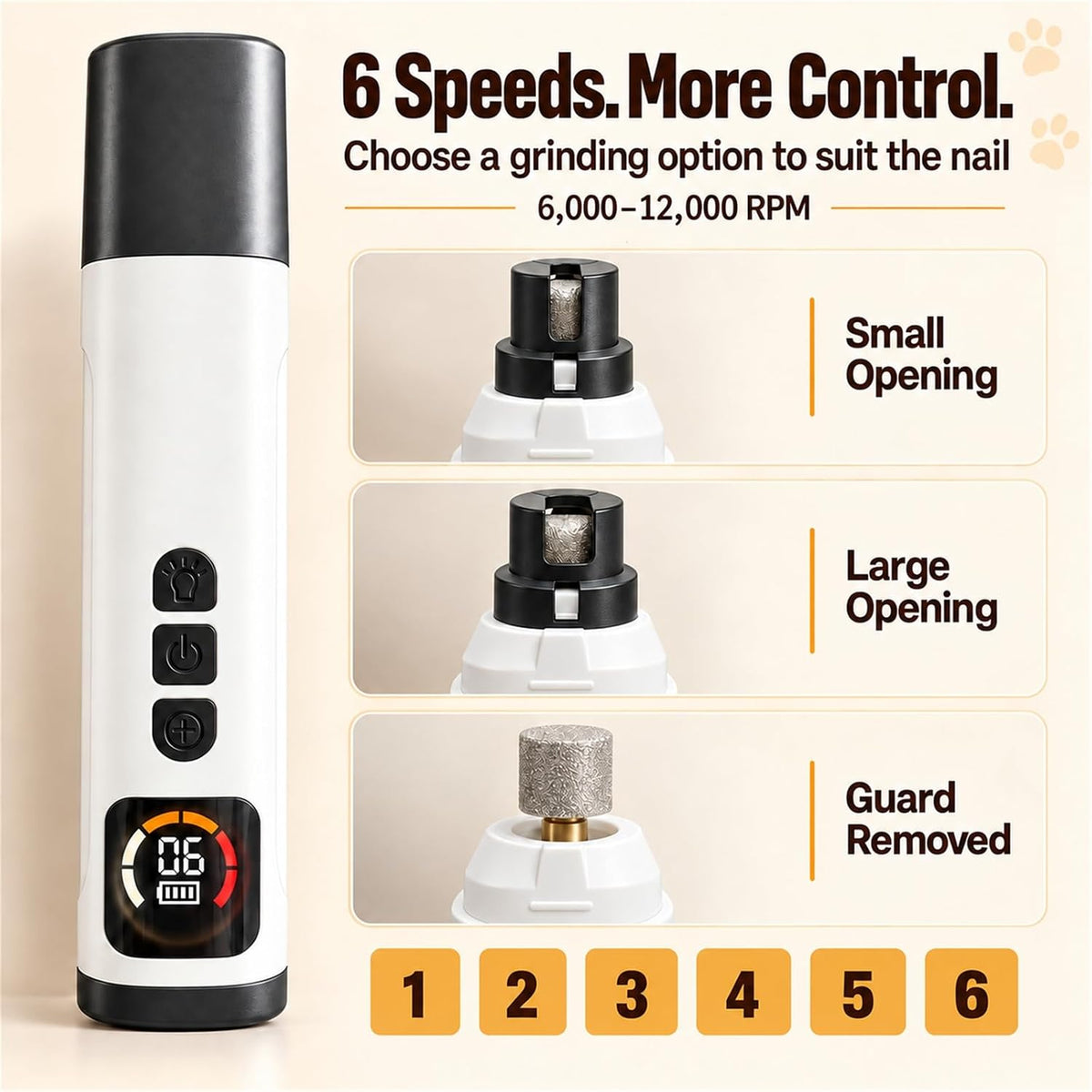 Dog Nail Grinder with 30dB Ultra‑Quiet Brushless Motor, 6‑Speed (6000‑12000RPM), 3‑Port System, LED Lights, 8H Battery, Dust Cap – Painless Grooming for Small, Medium & Large Dogs & Cats
