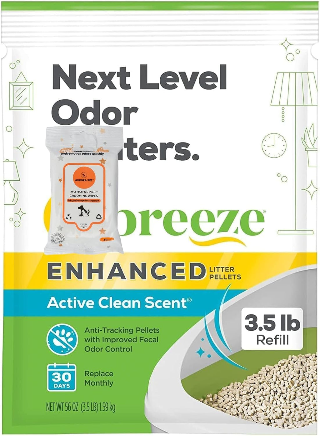 Cat Breeze Enhanced Cat Litter Pellets - Active Clean Scent, Refill 3.5 lb with Aurora Pet Wipes