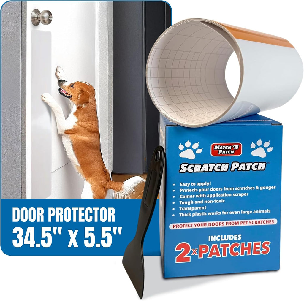 MATCH 'N PATCH Door Scratch Protector - Clear, Self-Adhesive Plastic Door Guard for Dogs & Cats - Pet Wall Protector with Application Scraper (34.5 x 4 Inches, 2 Patches)