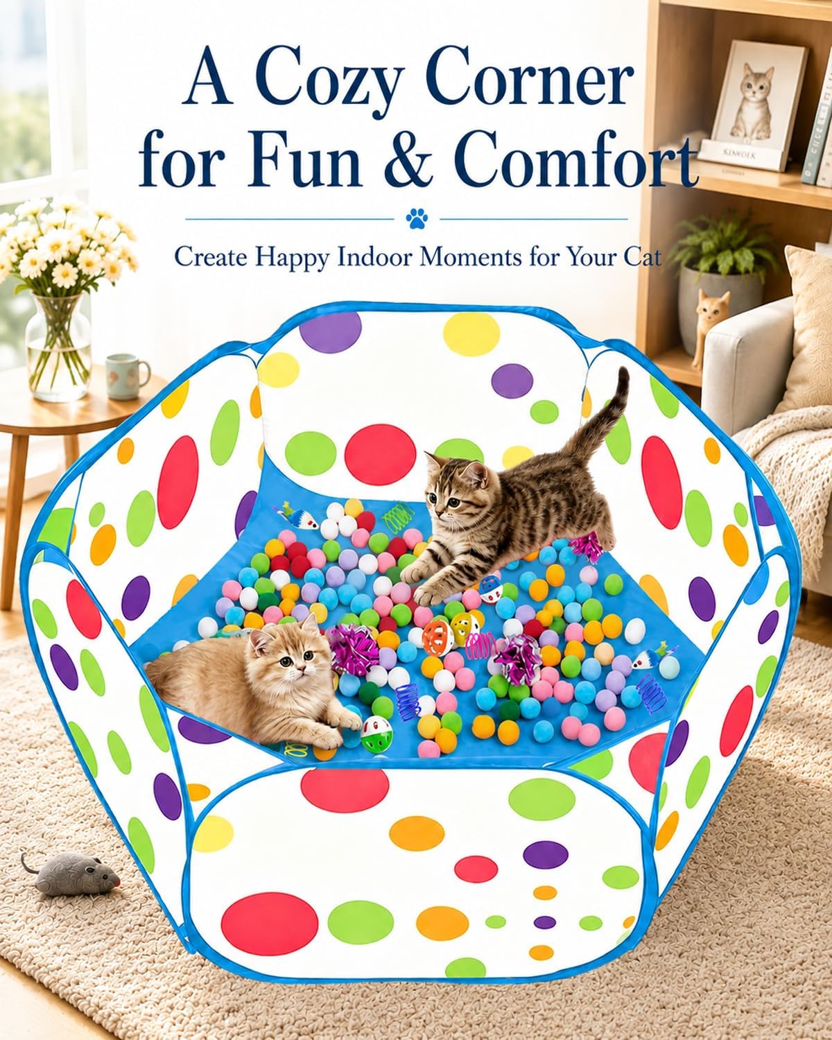 Cat Ball Pit with 227 Pcs Interactive Cat Toys, Enrichment Toys for Bored Indoor Cats Self Play, Include Pom Pom Balls Jingle and Crinkle Balls, Springs and Mice Toy for Kitten Fun and Exercise