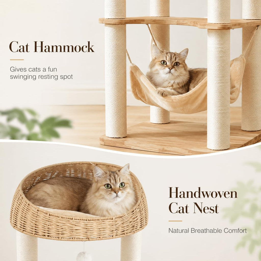 62in Wood Cat Tree for Large Cats, Heavy Duty Tall Cat Tower