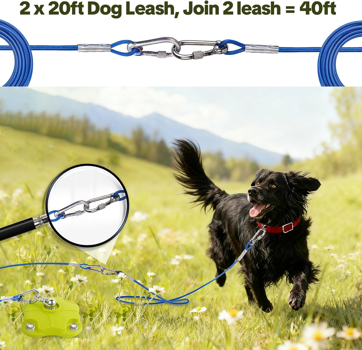 Heavy Duty Dog Tie Out Stake with 2x20FT Cables for Outdoor,Dual 360° Swivel for Dogs, 200LBS Capacity Stainless Steel,Long Dog Runner for Outside Yard/Camping (Dog Stake+2X20ft Cable)