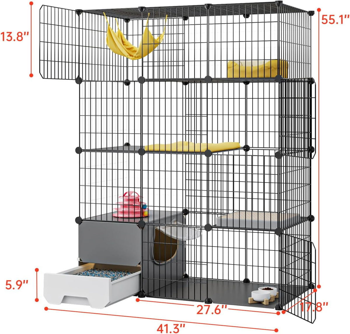 Oneluck Large Cat Cage with Litter Box, 4-Tier DIY Enclosures Detachable Metal Wire Kennel Indoor Crate Large Exercise Place Ideal for 1-2 Cats (41.3" L x 17.8" W x 55.1" H)