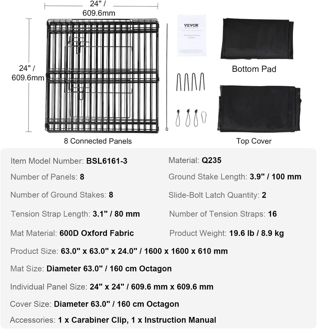 VEVOR 24" Dog Playpen, 8-Panel Foldable Metal Pet Pen with Top Cover & Pad