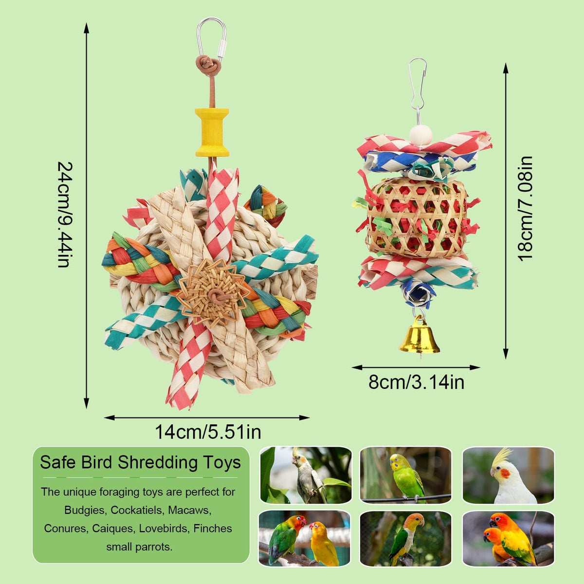 Hypeety Bird Foraging Toys Natural Seagrass Woven Hanging Shredder for Cage