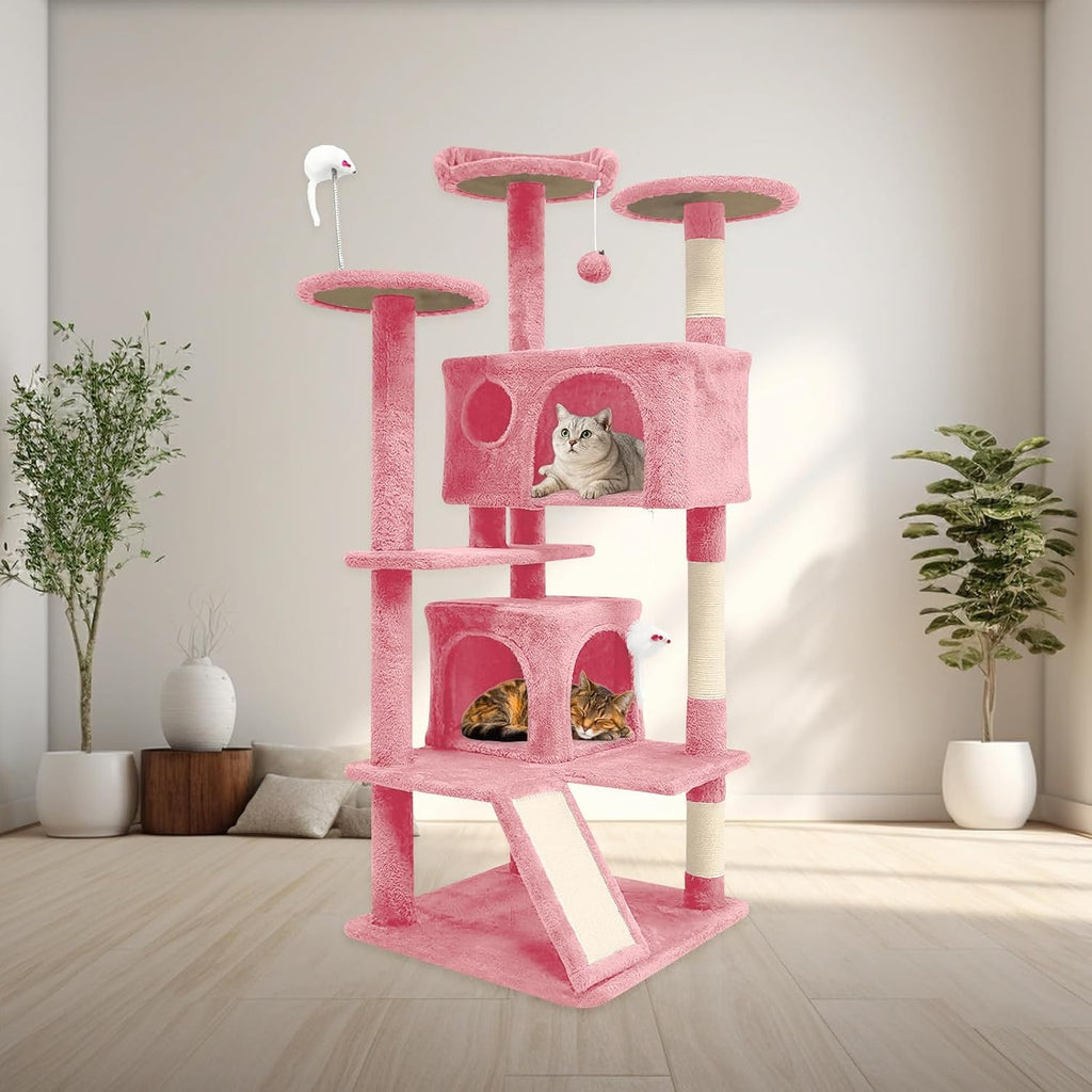 Aotaide 54in Cat Tree, Multi-Level Cat Tower,2 Cozy Caves, Scratching Posts, Climbing Ladder, Plush Balls, Durable Pet House Furniture for Indoor Kittens,Beige