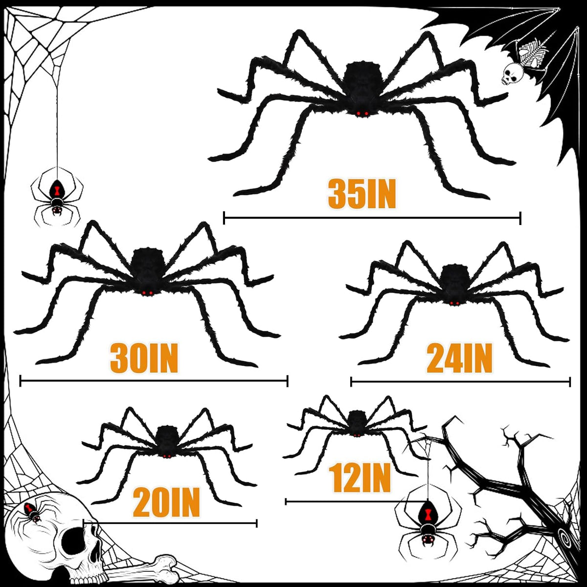 BILLMOSS Halloween Spider Decorations Outdoor - 5 PCS Giant Realistic Hairy Scary Spider Set, Creepy Indoor Yard Home Decor (5 Different Sizes)