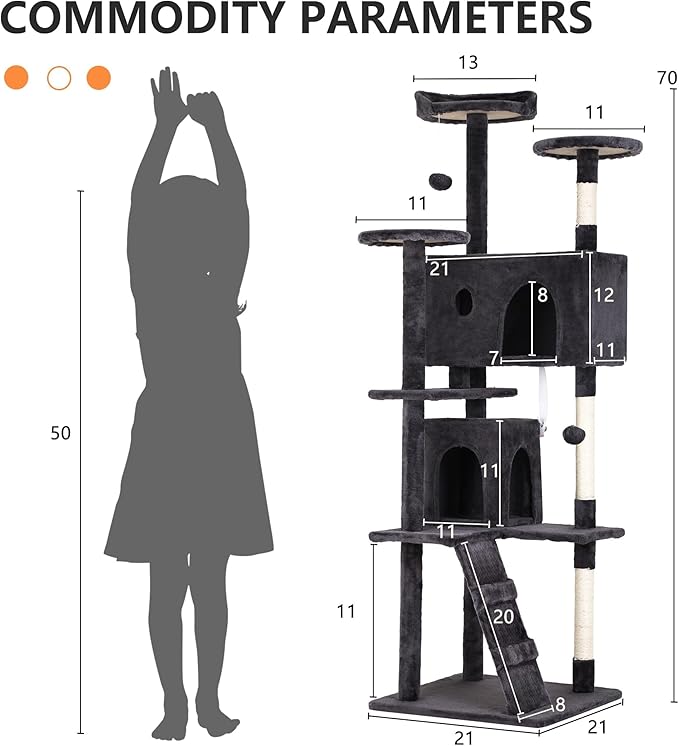 70 Inch Dark Gray Cat Tree, Tall Cat Tower - Image 6