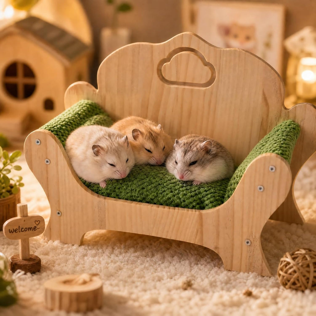 Guinea Pig Bed & Lizard Lounger Wooden Small Pet Sofa Couch with Soft Pineapple Fleece Cushion Pine Wood Bed for Guinea Pigs, Bearded Dragons, Hedgehogs, Hamsters