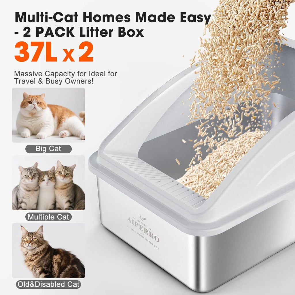 Stainless Steel Litter Box | XL Enclosed High Sided Metal Cat Litter Boxes with Lid for Lager Cats and Multi-Cats,Non-Stick, Odor Control, Easy to Clean