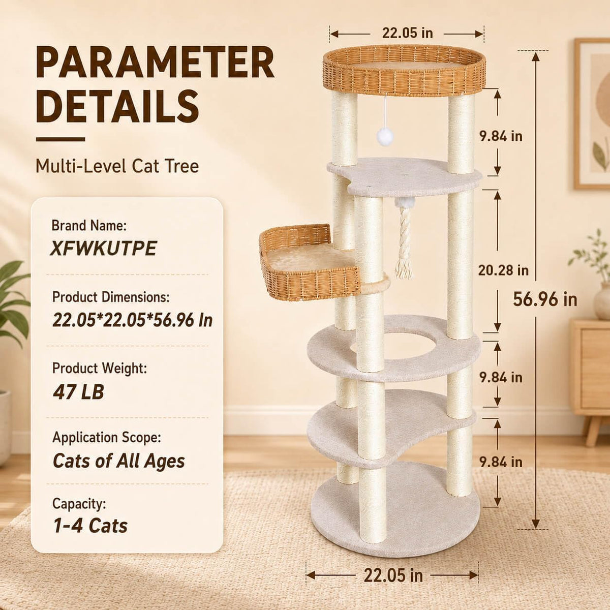 Multi-Level Cat Tree for Large Indoor Cats, 57in Tall Cat Tower