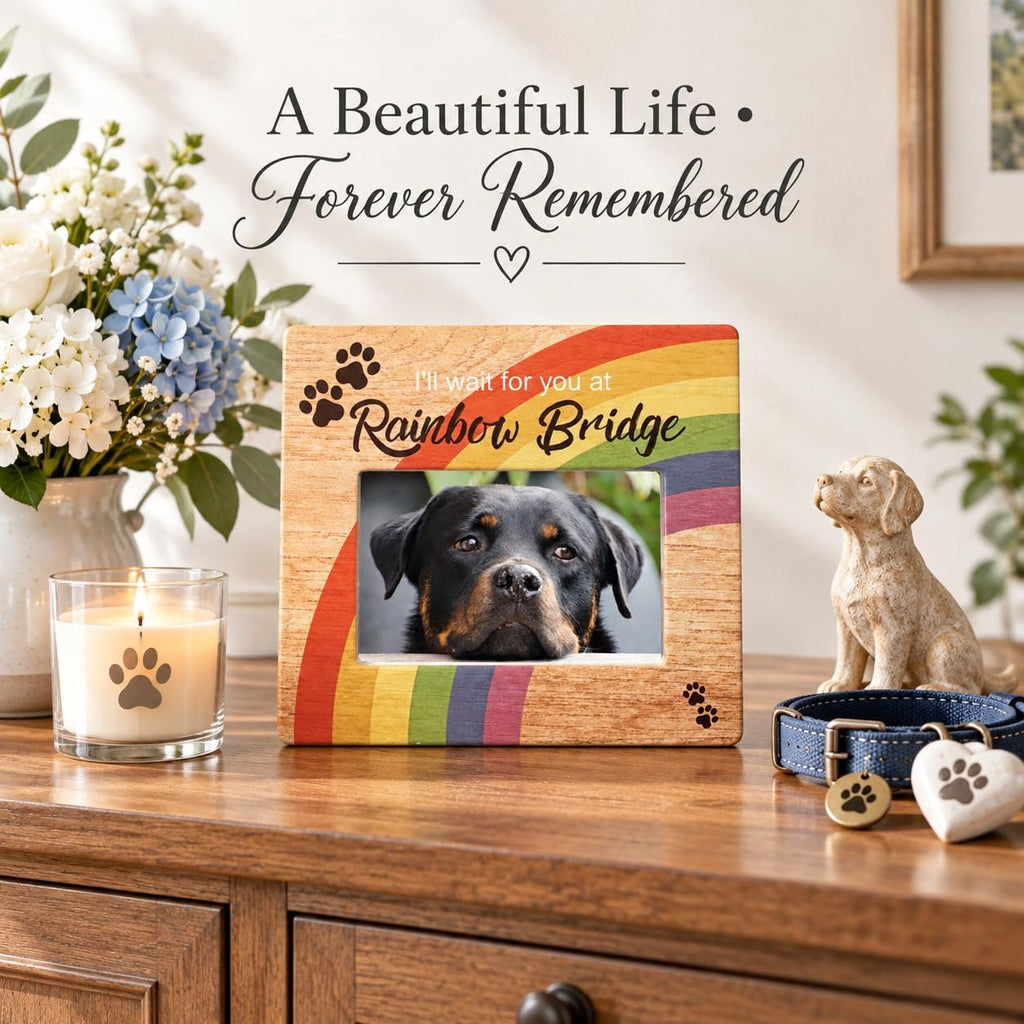 Rainbow Bridge Pet Memorial Picture Frame, Loss of Dog or Cat Sympathy Gift, I’ll Wait for You at Rainbow Bridge Personalized Pet Photo Option, 4 x 6 Picture Frame for Pet Bereavement Condolence Gift