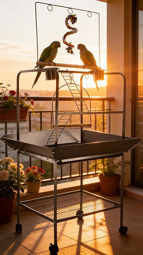 62 Inch Bird Cage with Wooden Perches, Standing Wrought Iron Birdcage with - Image 5