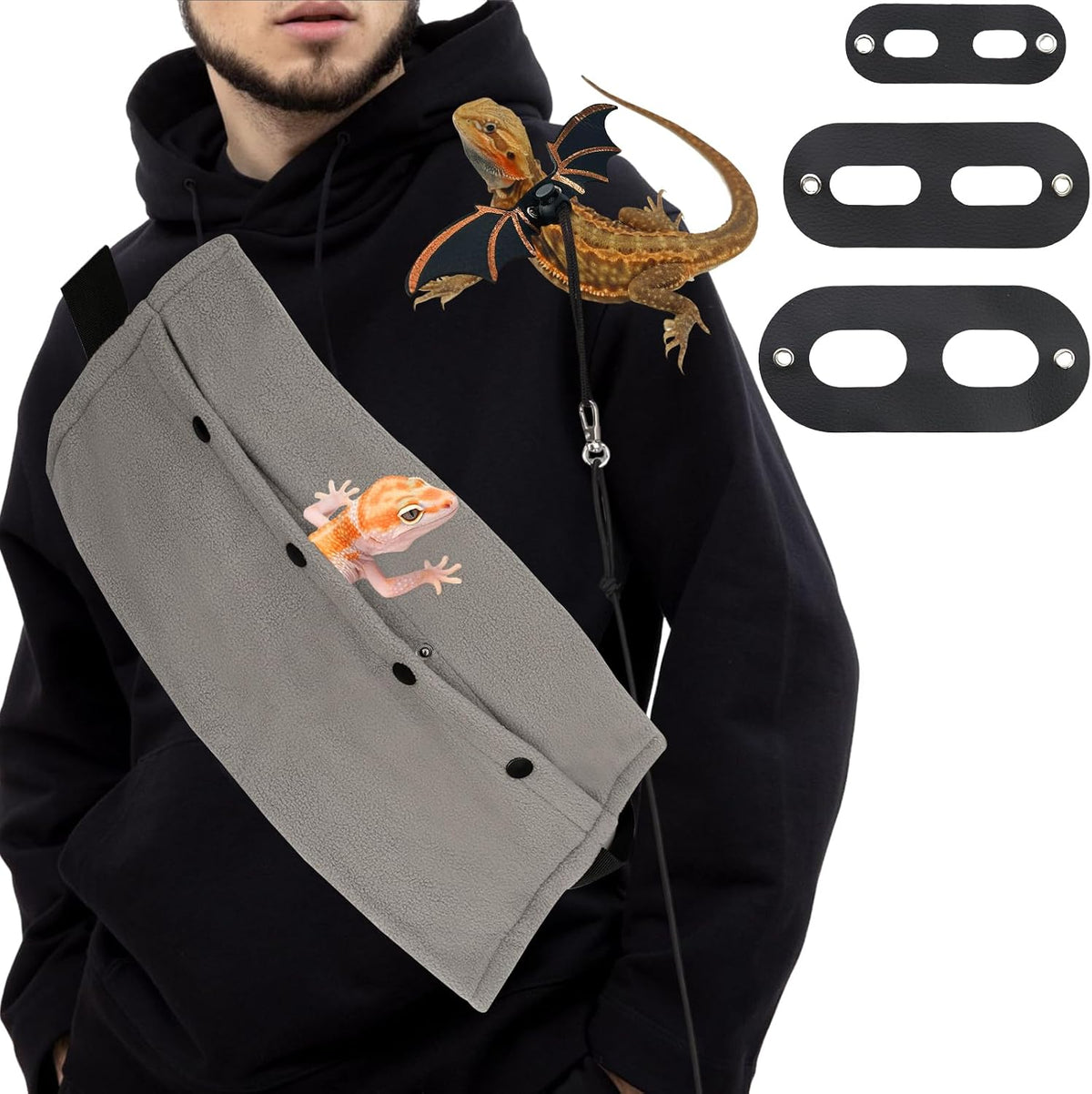 Adjustable Lizard Leather Leash Harness and Bearded Dragon Carriers Sling,Bearded Dragon Harness and Leash Set Soft Spacious Opening for Camping for Outdoor Travel Walking Rest
