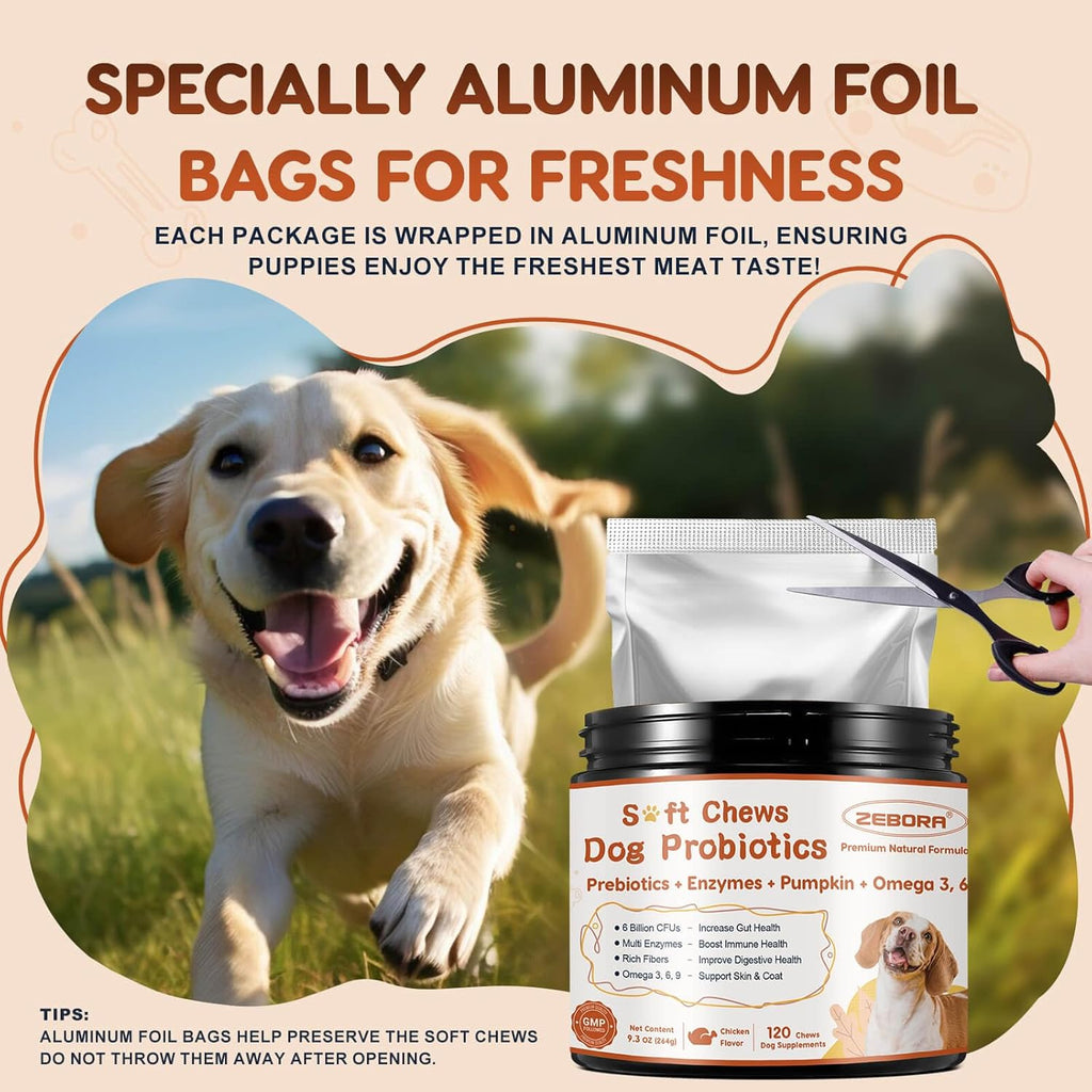 ZEBORA Probiotics for Dogs, Digestive & Itch Relief, 120 Chews