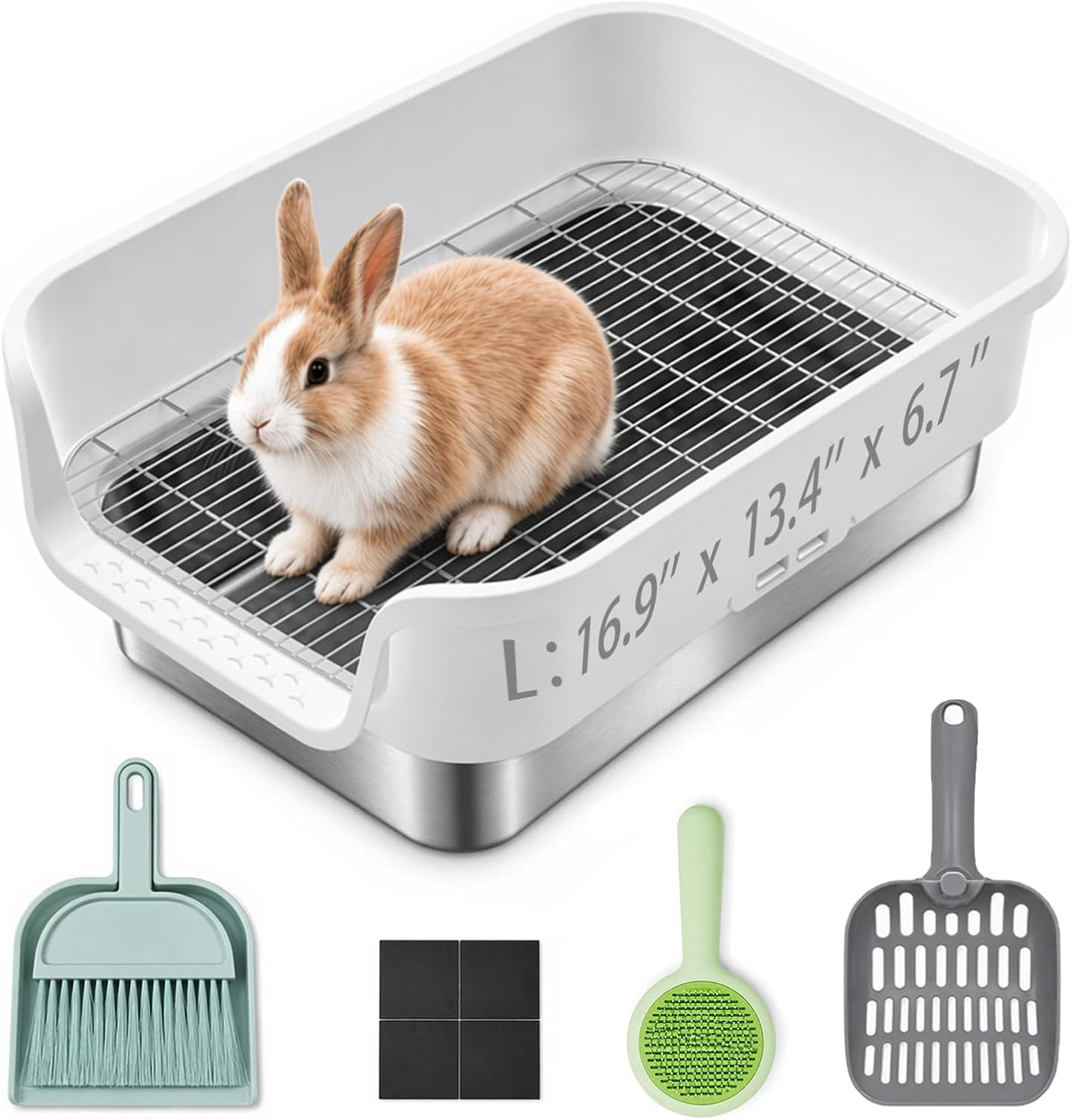 Stainless Steel Rabbit Litter Box with Sifting Grid, 16.9×13.4×6.7 inch