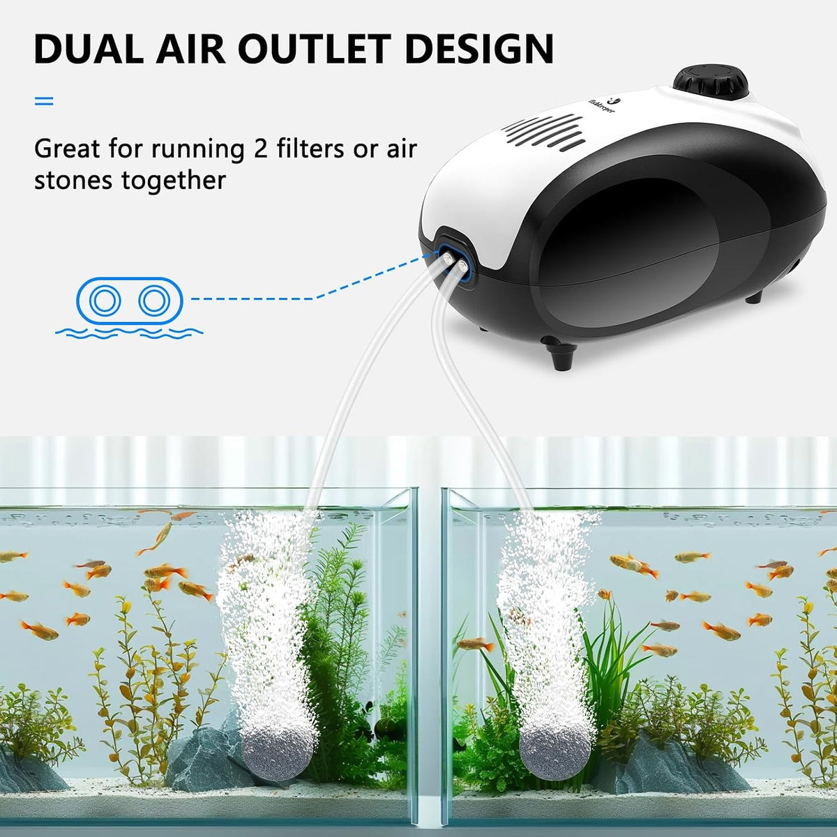 fishkeeper Aquarium Air Pump, 5W Dual Outlet Fish Tank Air Pump