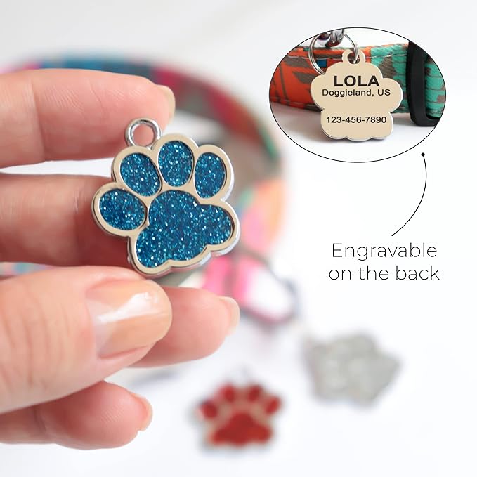 Paw Shape Dog ID Tag Stainless Steel Custom Laser Engraved, Cute Bling Glitter - Image 6