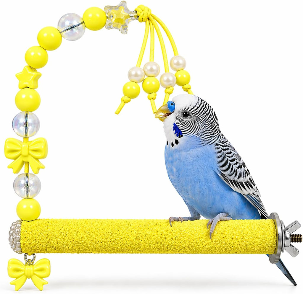 Bird Parrot Perch with Beads and Bow Chew Toy,Cage Platform Toy and Exercise Accessories for Budgies Parakeets Cockatiels Conures and Lovebirds (Blush Pink)