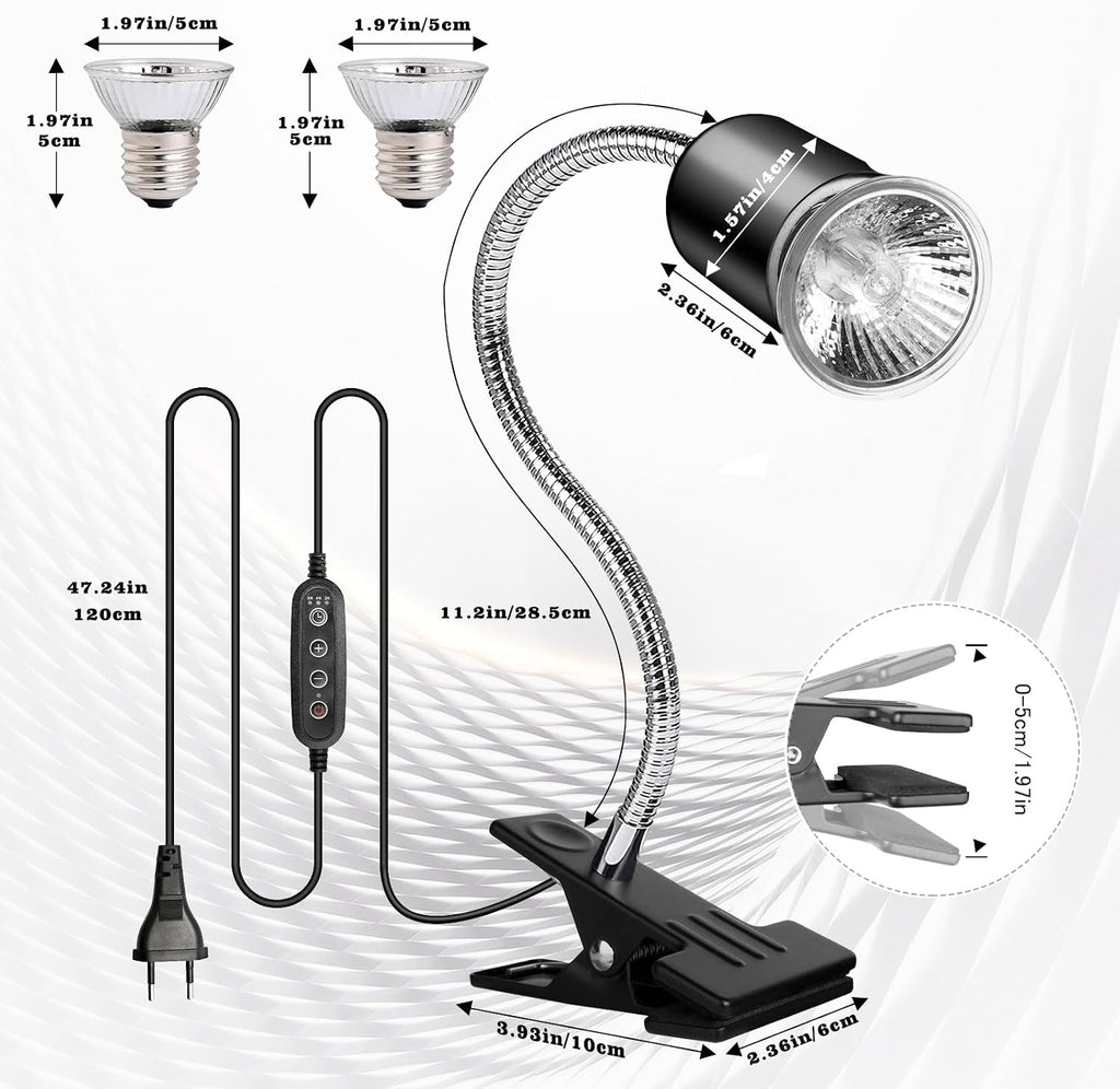 Hermit Crab Heat Lamp, Reptile Heat Lamp with Clamp, Reptile Light with Rotatable Hose and Timer, Suitable for Reptiles Lizard Turtle Tortoise Snake Bearded Dragon Hermit Crab, 2 Bulbs 25W+50W