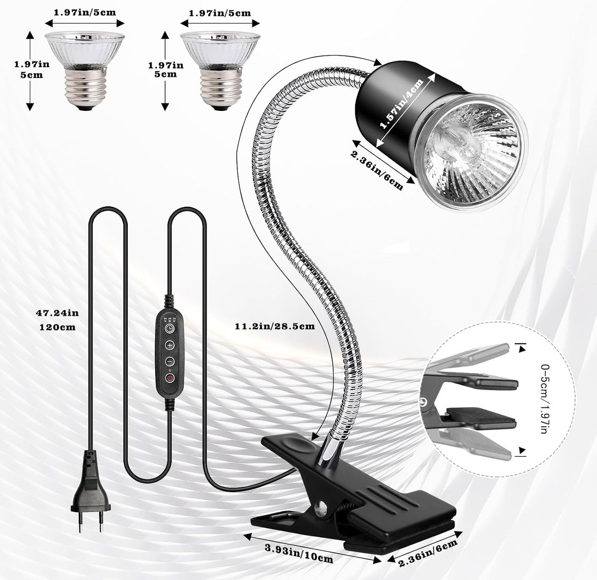 Hermit Crab Heat Lamp, Reptile Heat Lamp with Clamp, Reptile Light with Rotatable Hose and Timer, Suitable for Reptiles Lizard Turtle Tortoise Snake Bearded Dragon Hermit Crab, 2 Bulbs 25W+50W