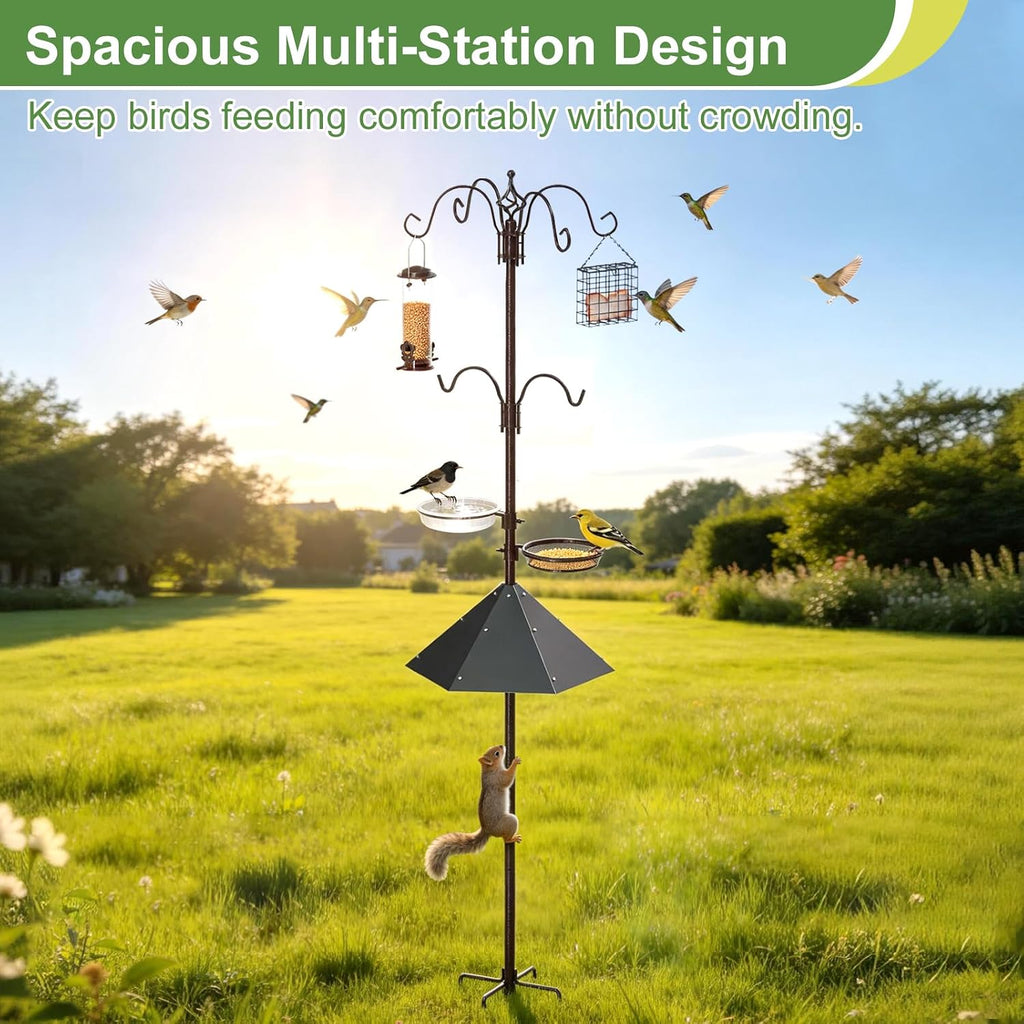 97" Bird Feeding Station Kit with Metal Squirrel Baffle, Heavy Duty Metal Bird Feeding Station with Seed Tray＆Mesh Basket, Easy Assembly Ground Mounted Bird Feeder Pole for Garden Yard Outdoor