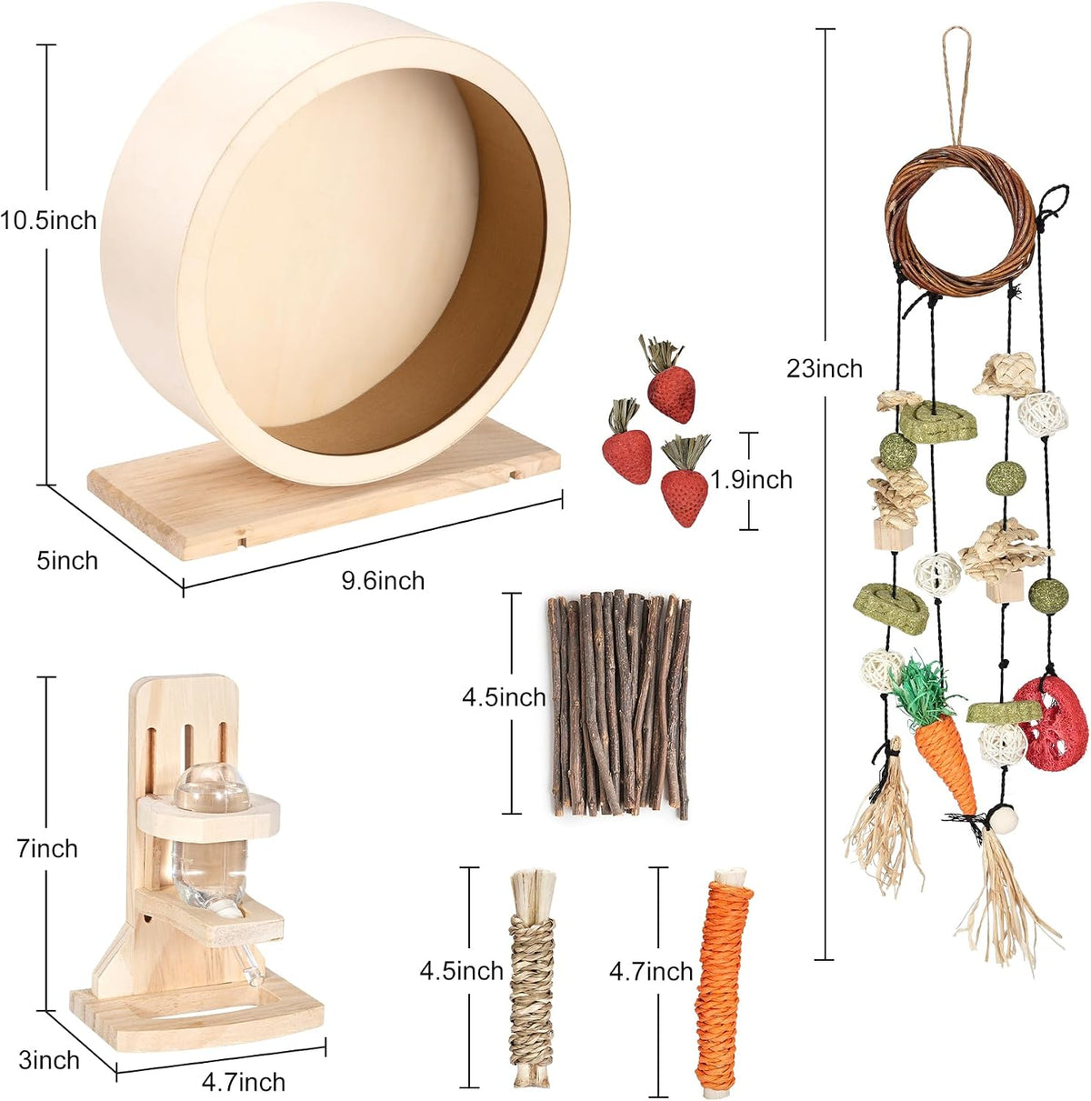 antiai 9.8 Inch Wooden Hamster Exercise Wheel Set,Silent Wheel Quiet Spinner Hamster Running Wheels,Hamster Water Feeder Accessories Chew Toys for Hamsters, Gerbils, Mice and Other Small Pets,9 pcs